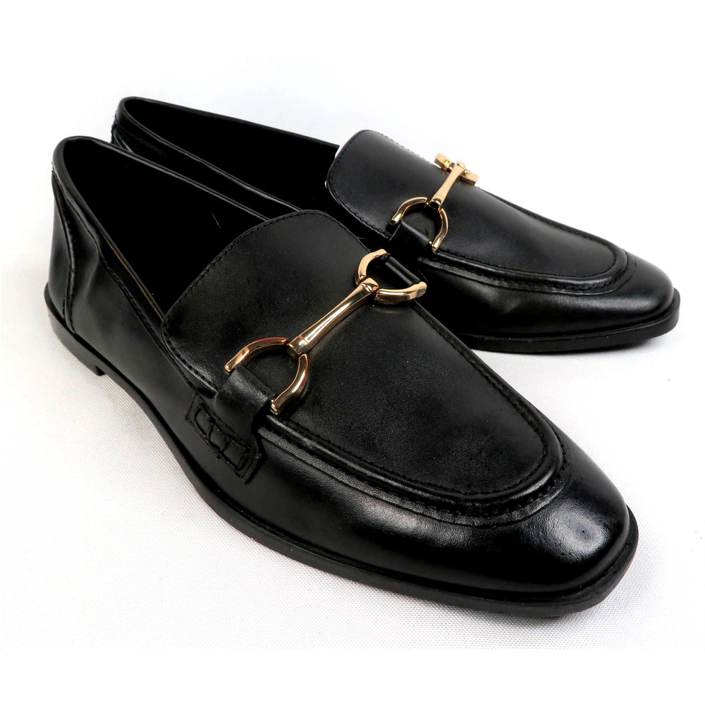 NWT Black ZARA Leather Flat Loafers w/ Gold Tone Bit Women's 7.5 EU 38